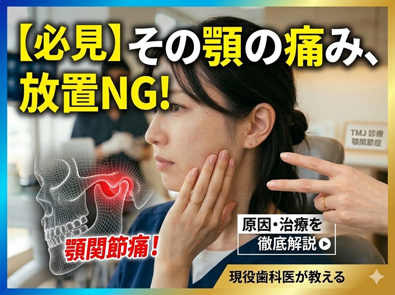 顎の痛みや違和感に悩む日本人の女性と、顎関節症の治療を想起させる歯科医院のイメージ